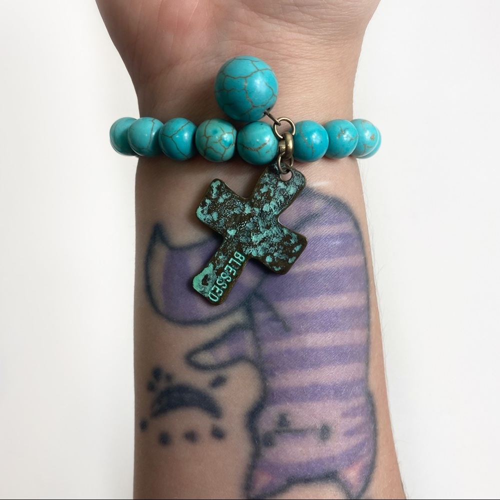 Unbranded Faux Turquoise Beaded Stretch Blessed Cross Bracelet